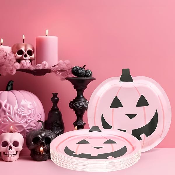 JARTHENAAMCS 40PCS HALLOWEEN PAPER PLATES PINK PUMPKIN FACE DISPOSABLE PLATES 9 INCH CUTE CARTOON PUMPKIN DECORATIVE PLATES FOR HALLOWEEN BIRTHDAY BABY SHOWER TABLE DECOR PARTY SUPPLIES