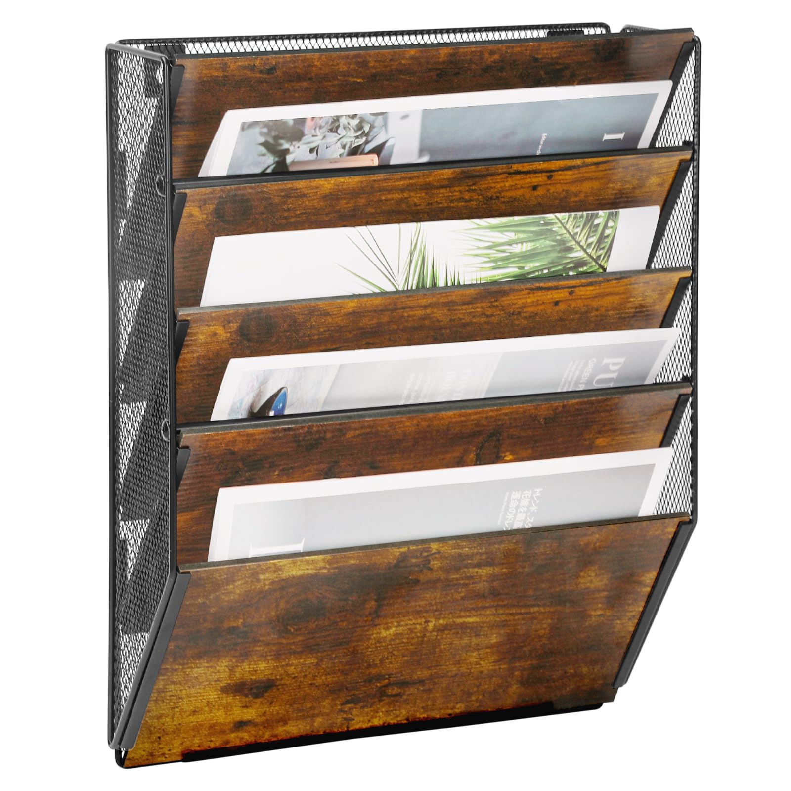 TQVAI 5 Pockets Wall File Organiser Wood Magazine File Holder A4 Paper Document Storage Desk Accessories Stationery Supplies for Office Home School, Black/Antique