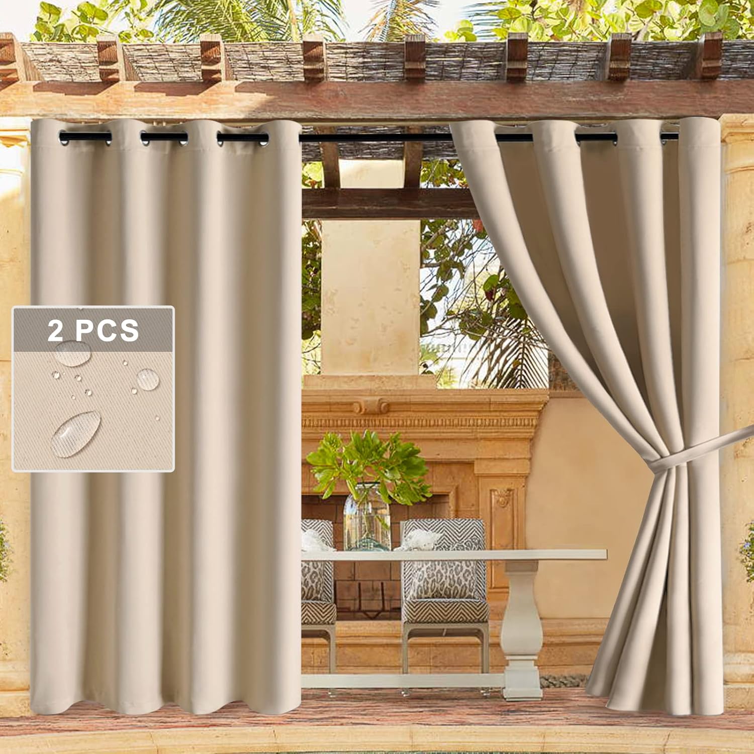 Outdoor Curtains - DWCN Outdoor Curtains for Patio Waterproof, Extra Long 108 Inch Curtains, Blackout Curtains for Bedroom, Thermal Curtains for Pergola, Porch and Cabana - Beige, 52 x 108 Inch, 1 Pair