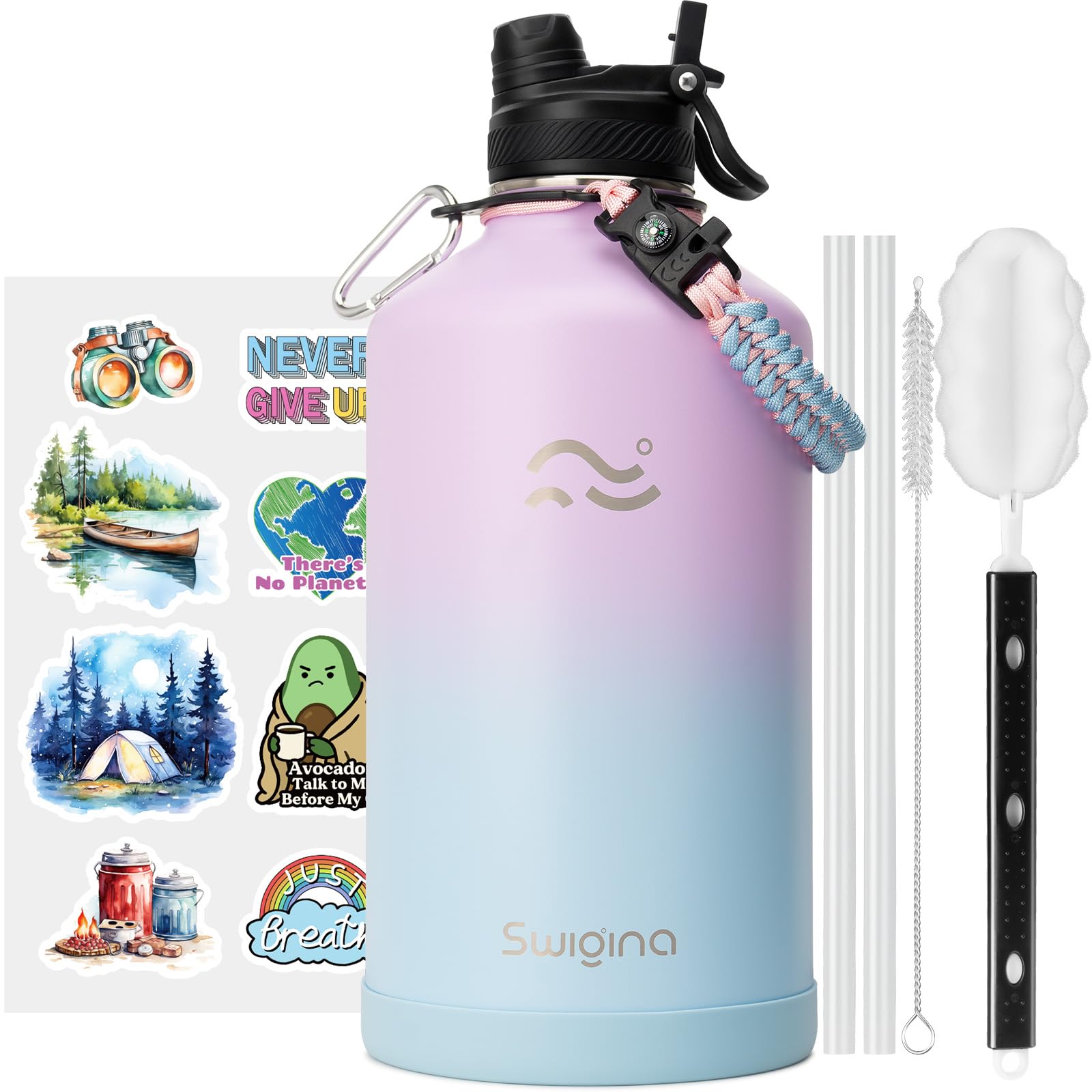 Photo 1 of Swigina [2-IN-1 LID] Gallon Insulated Water Bottle with Silicone Boot (48hrs Cold/24hrs Hot) - DIY Stickers, Leakproof, BPA Free, 128 oz