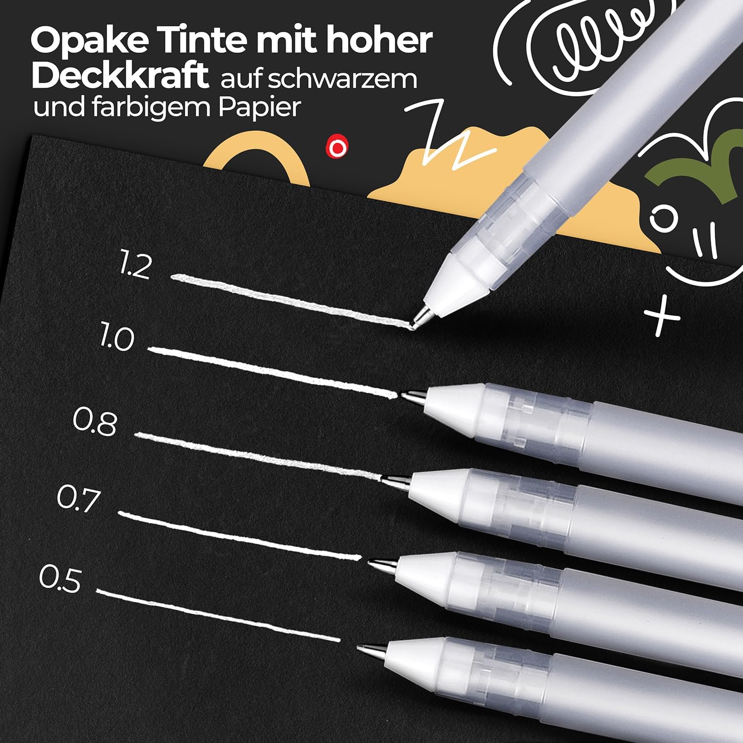 colozoo 5er Set Gelstifte Weiß mit Spitzengrößen: 0,5, 0,7, 0,8, 1,0, 1,2 mm | Weißer Stift für schwarzes Papier | Weißer Gelstift Deckend 3