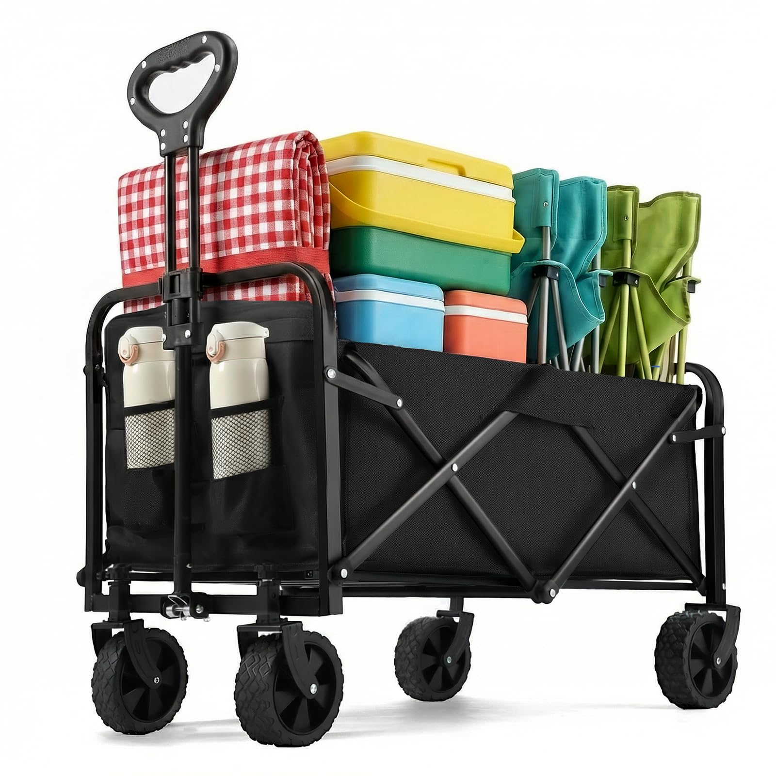 Photo 1 of **MISSING 2 WHEELS ** PASAMIC Collapsible Wagon 220 lbs, Heavy Duty Wagon Carts Foldable, Portable Wagons for Groceries, Beach Cart with All-Terrain Wheels & Drink Holders, Utility Wagon for Shopping, Sports, Camping,Black