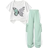 EuquixZeph Girls 2 Piece Outfits Kids Short Sleeve T-Shirt Top Cargo Pants Sweatsuit Tracksuit Jogger Sweatpants Sets 4-13Y