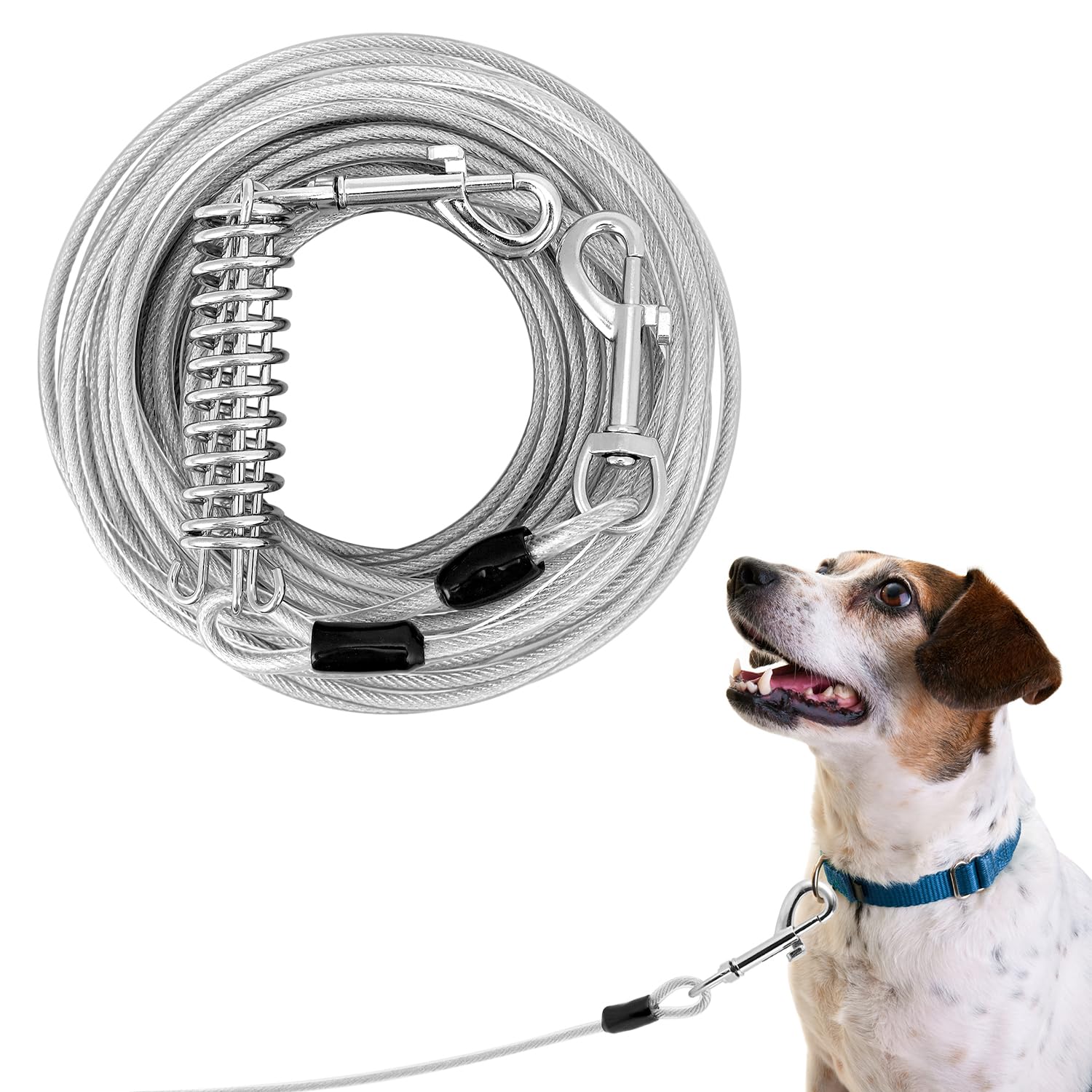 QWORK® 49.2Ft Dog Tie Out Cable, Heavy Duty 5MM Dog Chain Lead with Spring and Hook, 360° Tangle-Free, Shock Absorbing, for Running, Camping