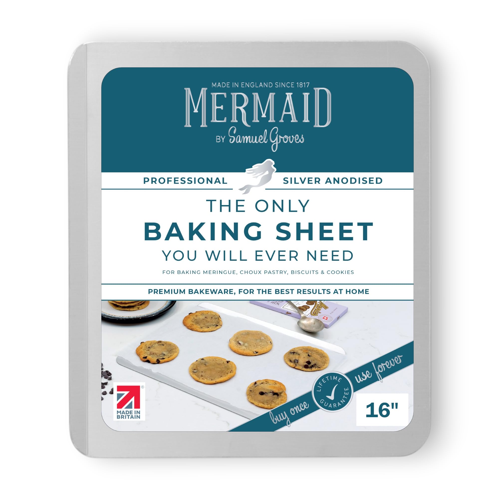 Mermaid 16" Silver Anodised Baking Sheet – Non Toxic Professional Heavy Duty Aluminium Cookie Sheet, Naturally Non Stick, Warp-Resistant, Silver Anodised Bakeware - Made in England by Samuel Groves