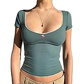 Women Y2K Solid Color Crop Top Short Sleeve Low Cut Crew Neck Flower Front Lace Trim Baby Tee Summer Slim Fit Shirt