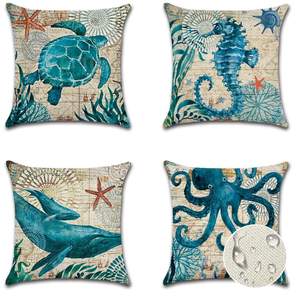 JOTOM Outdoor Waterproof Cushion Covers 45x45 cm Turtle Mediterranean Decorative Throw Pillow Covers Garden Patio Coastal Pillow Cases for Couch Bench Sofa Indoor Home Decor Pack of 4 (Marine Life)