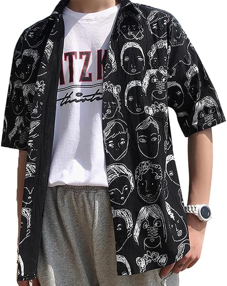 Amazon エージョン メンズ カーディガン 和風 可愛い ゆったり 半袖 シャツ カジュアル 前開き プリント ストリート 夏服 ファッション シャツ 通販