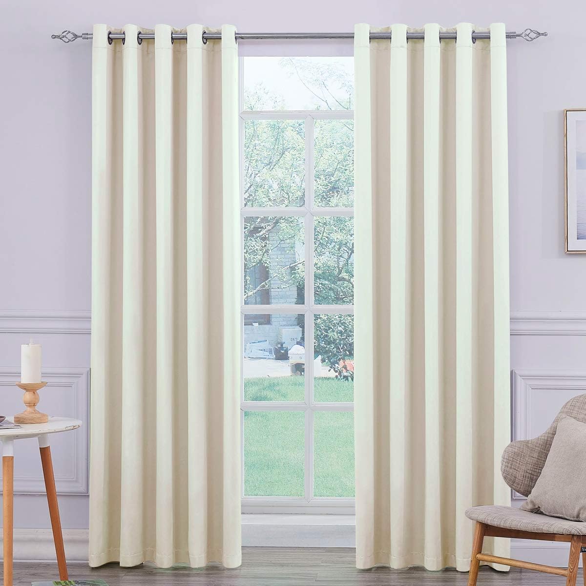 COASTLINE Ultra Soft Cream Satin Blackout Eyelet Curtain Window Treatment Drapes 2 panels for Bedroom Livingroom