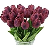 IPOPU Tulips Artificial Flowers 24PCS Burgundy Flowers Real Touch Tulips Fake Tulips Burgundy Silk Flowers Faux Flowers for Home Decoration Wedding Bouquet Party Baby Shower