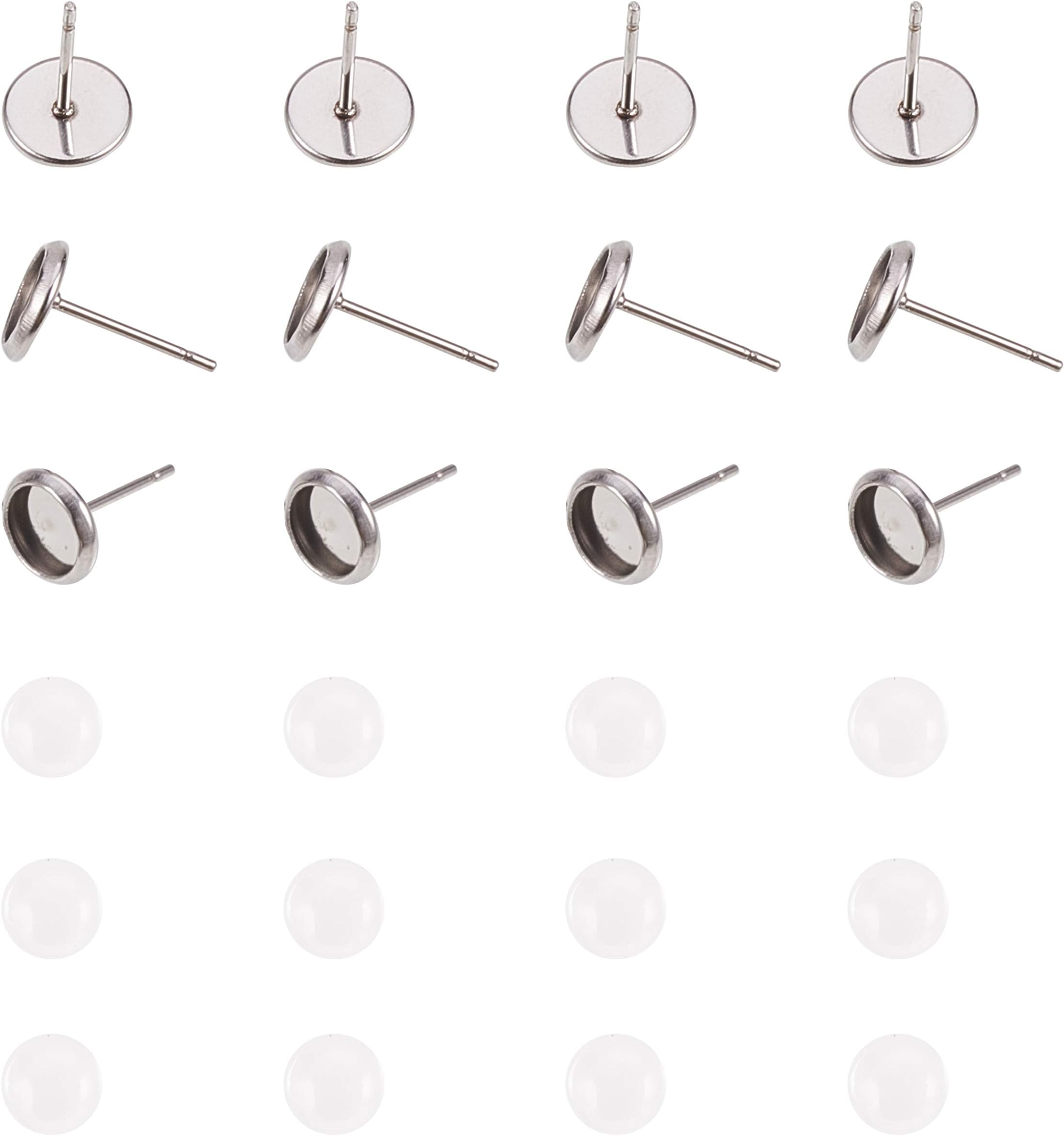 PandaHall Elite 50 pcs 6mm Flat Round Stainless Steel Stud Earring Cabochon Setting Post Cup With Clear Glass Cabochons for Earring DIY Jewellery Craft Making