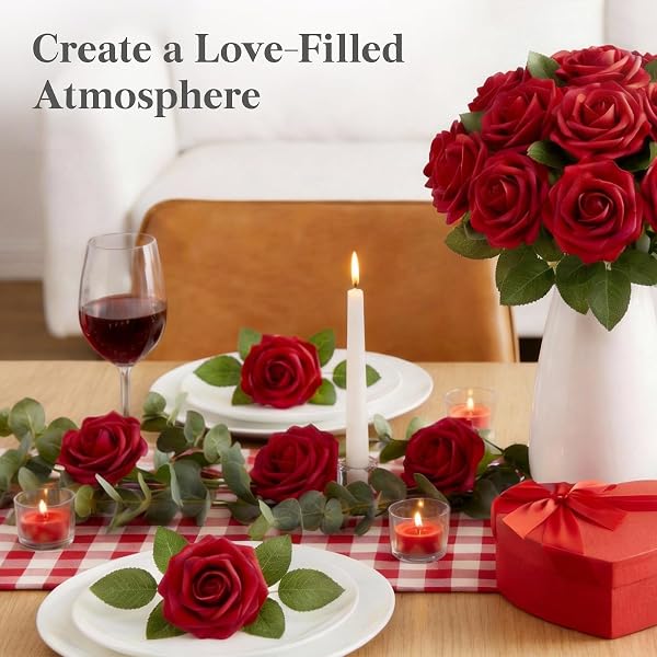 LIFEWIT ARTIFICIAL FLOWERS, 50 PCS DARK RED FOAM REAL LOOKING ROSES WITH STEMS, FAKE ROSES FOR DIY WEDDING BOUQUETS, CENTERPIECES ARRANGEMENTS, VALENTINE DECORATIONS
