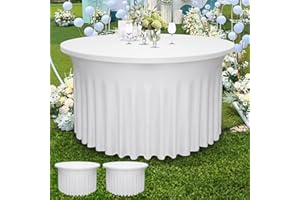 YOQUARE 2 Pack White 48Inch Round Table Skirt | Round Tablecloth for 4FT Tables|Polyester Spandex Round Table Cloths With Skirt|Stain 、Wrinkle Resistant、 Washable Fabric for Wedding,Party,Dining,Banquet