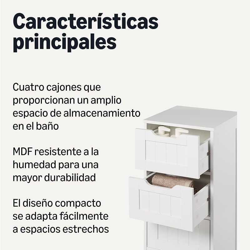 Gabinete de Almacenamiento para Baño con 4 Cajones, Almacenamiento Bajo Lavabo, Construcción MDF, Blanco, 30cm x 30cm x 82cm — foto 2 de 5