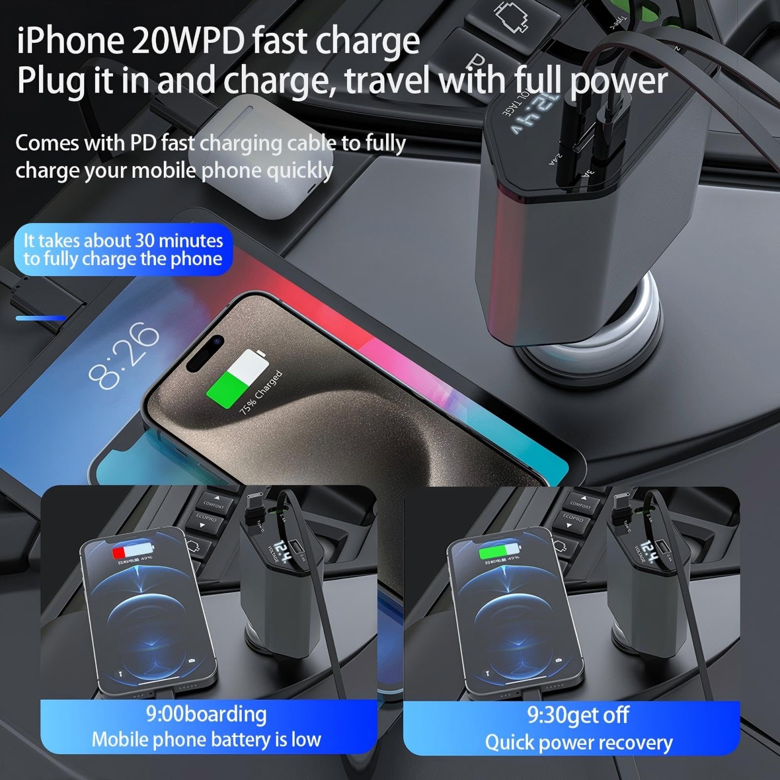 YAOKEEP 120W Fast Charging Retractable Car Charger 4 in 1. 180°Rotation Car Phone Charger with 31.5