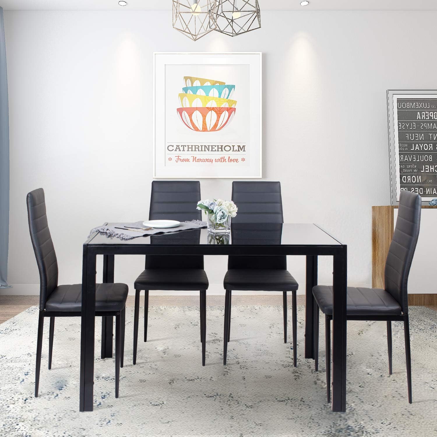 Black Joolihome Dining Table And Chairs Set Of 4 Glass Kitchen Table And 4 Faux Leather Foam Ribbed High Back Padded Chairs Modern Rectangle Dining Room Furniture Dining Room Sets Dining Room