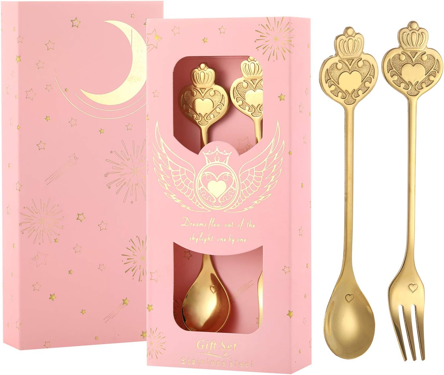6 Pairs Gold Coffee Spoon and Fork Gift Set for Wedding Favors/Souvenirs,Dessert Spoon and Fork for Wedding, Bridal Shower, Baby Shower Party Favor Supplies by Weddparty (Pink, 6)