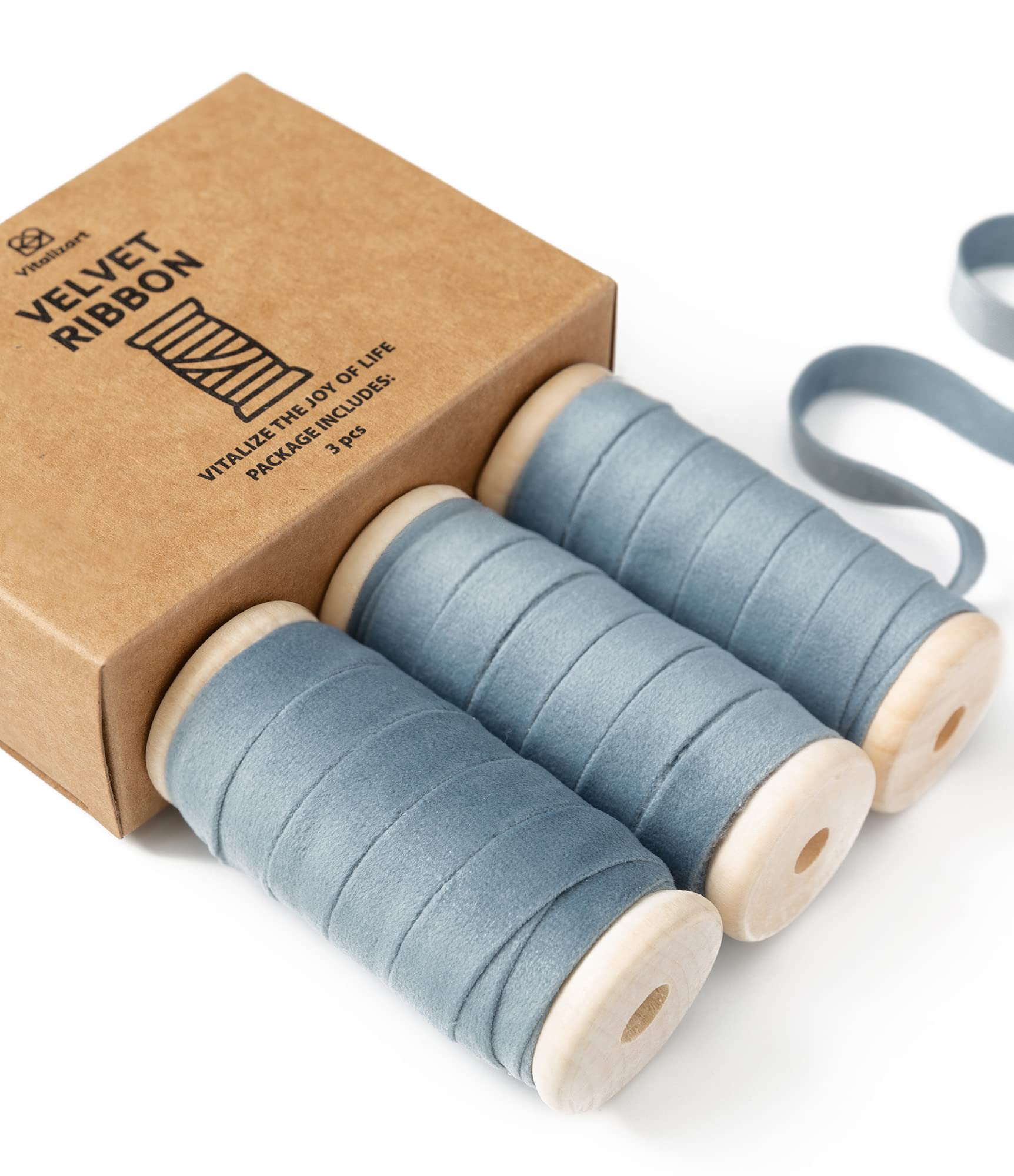 Vitalizart Dusty Blue Velvet Ribbon Set 3/8" x 5Yd x 3 Rolls, Wooden Spool, Fabric Trim for Christmas Wreath Decoration, Handmade Craft, Ornaments, Gift Wrapping & Bow Making