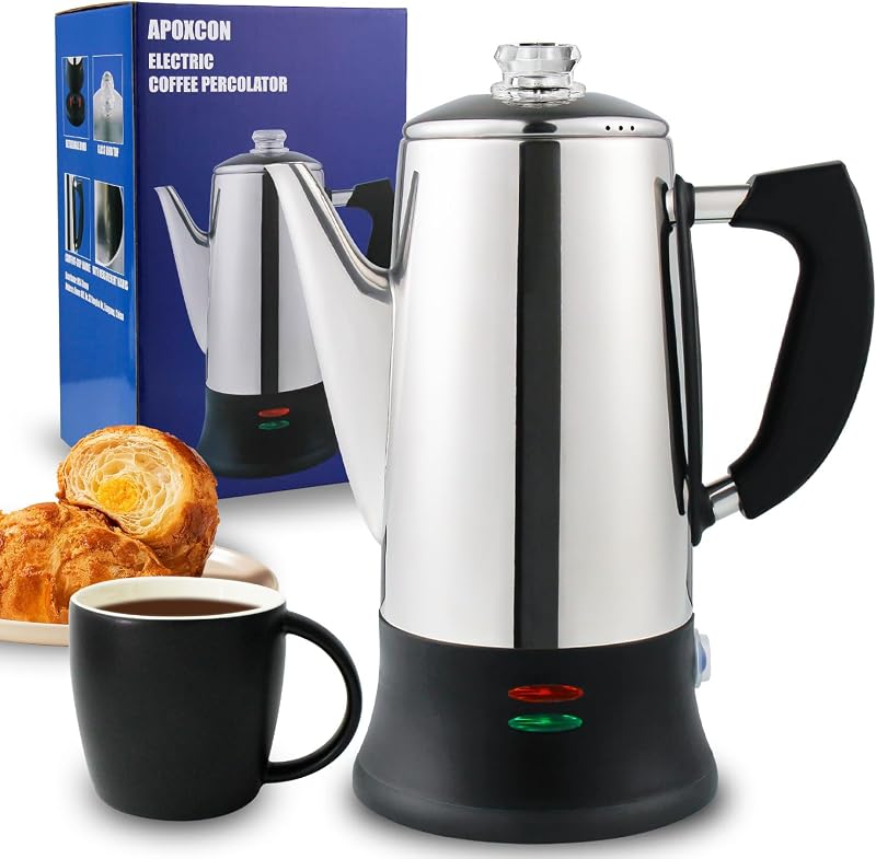APOXCON 12 Cup Electric Coffee Percolator Stainless Steel Cordless Server Heat