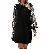 MakeMeChic Women's Fall Long Sleeve Floral Sheer Dress Wedding Guest Mesh Crew Neck Lace Black Mini Dresses