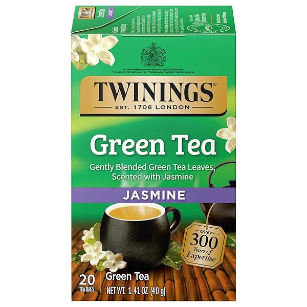 TWININGS GREEN TEA WITH JASMINE INDIVIDUALLY WRAPPED BAGS, 20 COUNT (PACK OF 1), FRAGRANT FLORAL SCENT, CAFFEINATED, ENJOY HOT OR ICED, 20 TEABAGS