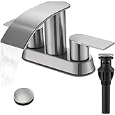 Waterfall Bathroom Sink Faucet 4 Inch Brushed Nickel Faucet Bathroom with Pop Up Drain 2 or 3 Holes Bathrooms Basin Lavatory Mixer Tap with Deck Mount Plate