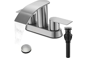 FRANSITON Waterfall Bathroom Sink Faucet 4 Inch Brushed Nickel Faucet Bathroom with Pop Up Drain 2 or 3 Holes Bathrooms Basin Lavatory Mixer Tap with Deck Mount Plate