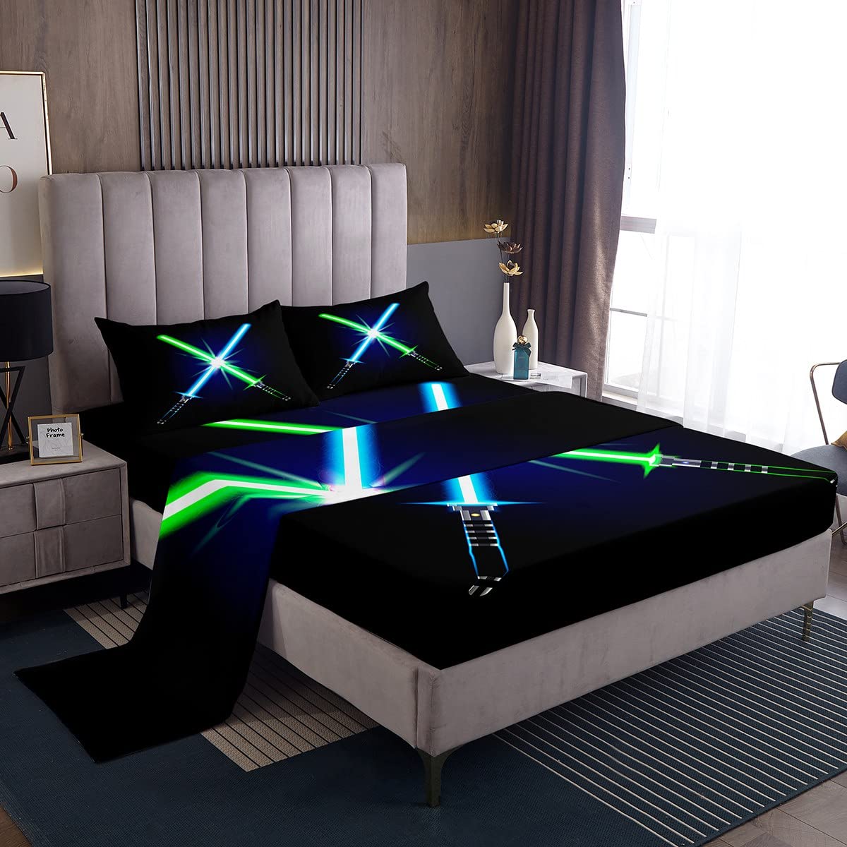 Lightsaber Sheet Set Single Kids Science Fiction Light Saber Bed Sheets for Boys Girls Teens Blue Green Light Sword Bedding Set Breathable Bed Sheet Set