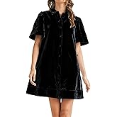 Meyhad Women's Velvet Shirt Dress Lapel Button Down Short Puff Sleeve Mini Dresses Fall Winter Dress with Pockets