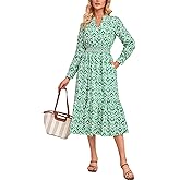 YEXPINE Women's Printed Tiered Cotton Midi Dress Long Sleeve V-Neck Smocked Waist A-Line Spring Dress