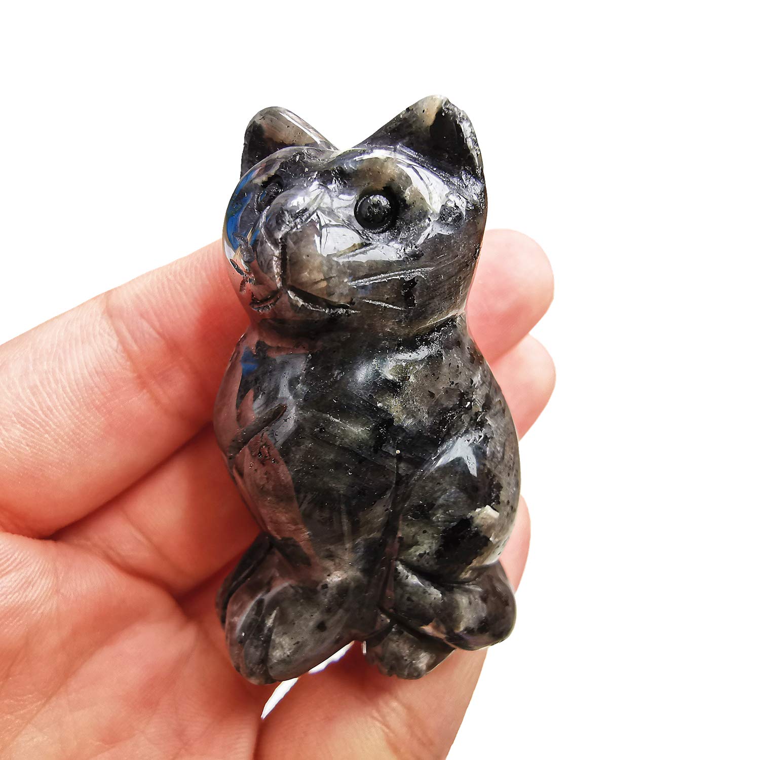 Manekieko Natural Black Labradorite Crystals and Healing Stones, Pocket Carved Lucky Cat Figurines Collectibles 2 Inches Room Decor