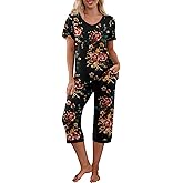 PrinStory Women's Pajama Set Short Sleeve Shirt and Capri Pants Sleepwear Pjs Sets with Pockets