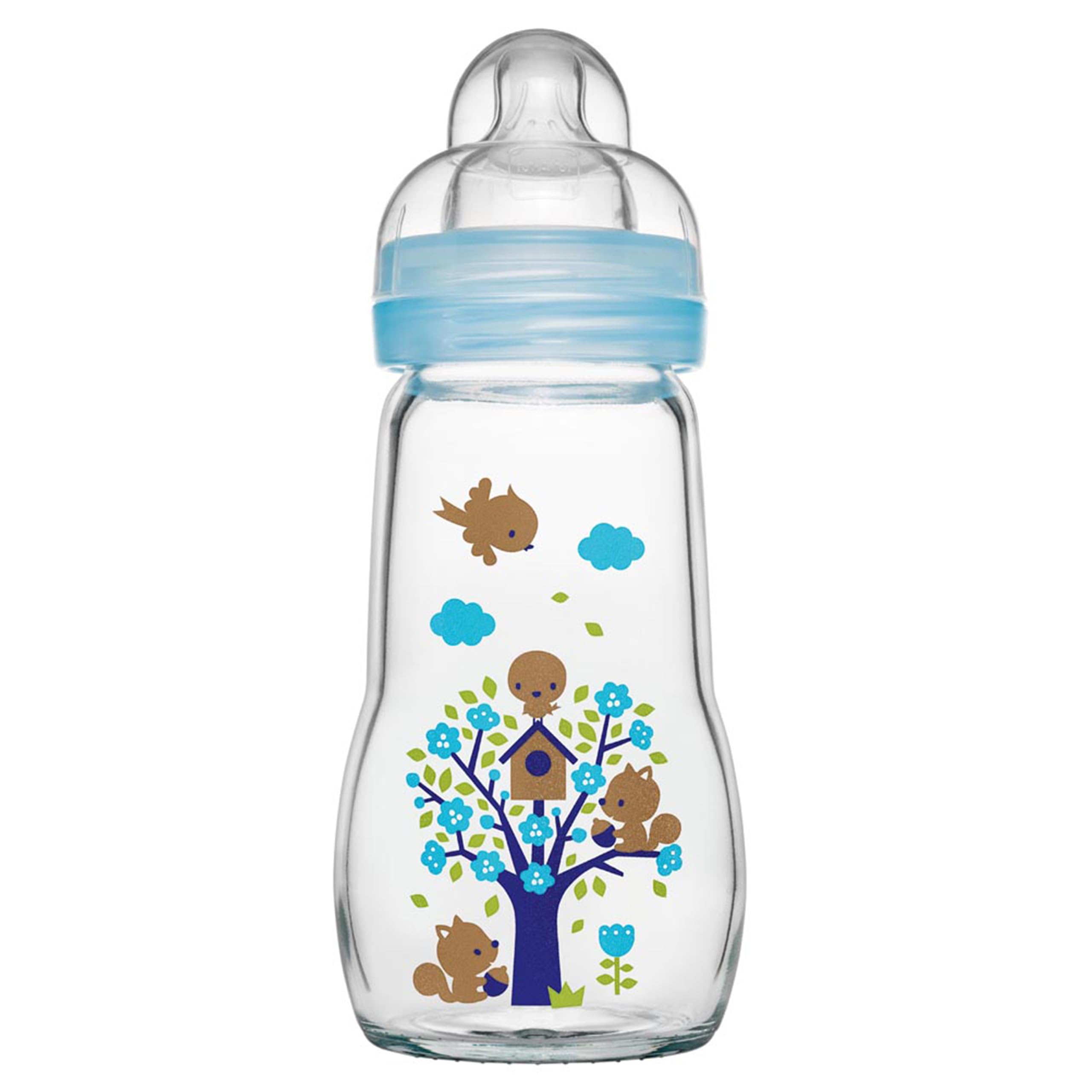 MAM Glass Bottle - Medium Flow Teat Size 2, 260 Ml, Pack of 1, Newborn Essentials, Blue