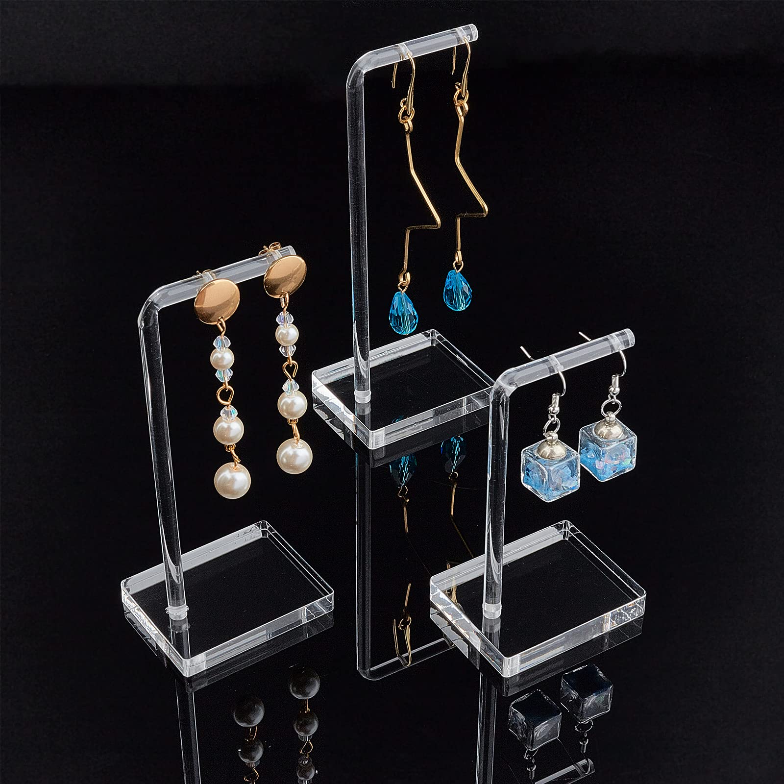 FINGERINSPIRE 3 Pcs Acrylic Earring Display Stand with Mixed Size (13&10&9cm Height), L Shape Clear Jewelry Retail Holder, Grooves on Bar for Earrings, Signpost-Style Pair Hanging Earring Show