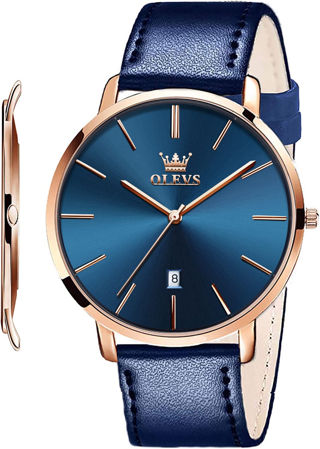 OLEVS Mens Wrist Watches Ultra Thin 6.5mm Minimalist Leather Blue Dial Watch Business Dress Waterproof Date Slim Watches for Men — image 1