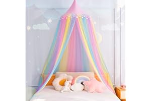 MOOZHEALTH Rainbow Bed Canopy for Girls,Shiny Kids Princess Round Dome Bed Curtain with Star Moon Glitter,Kids Crib Canopy Play Tent Canopy Dreamy Bed Netting
