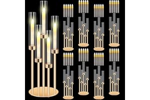 Tandefio 8 Set 5 Arm Christmas Gold Candelabra Table Centerpiece with LED Candle 26.8″ Tall Acrylic Candle Holder with Lampshades Fit 0.8 for Wedding, Church, Dinner, Birthday, Party, Halloween