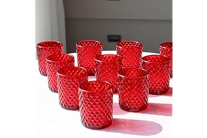 Woho Red Votive Candle Holders Bulk Set of 12, Glass Tea Lights Candle Holder for Wedding Table Centerpiece, Studded Diamond Tealight Candle Holder for Christmas Party Holiday Home Decor