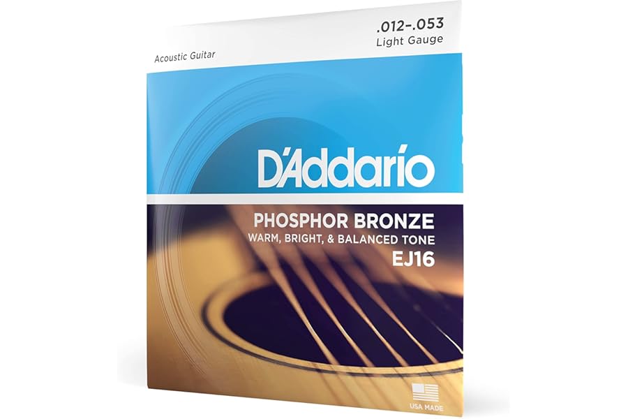 D'Addario Acoustic Guitar Strings, Phosphor Bronze, EJ16, Light Gauge 12-53, 6-String Set, Pack of 1