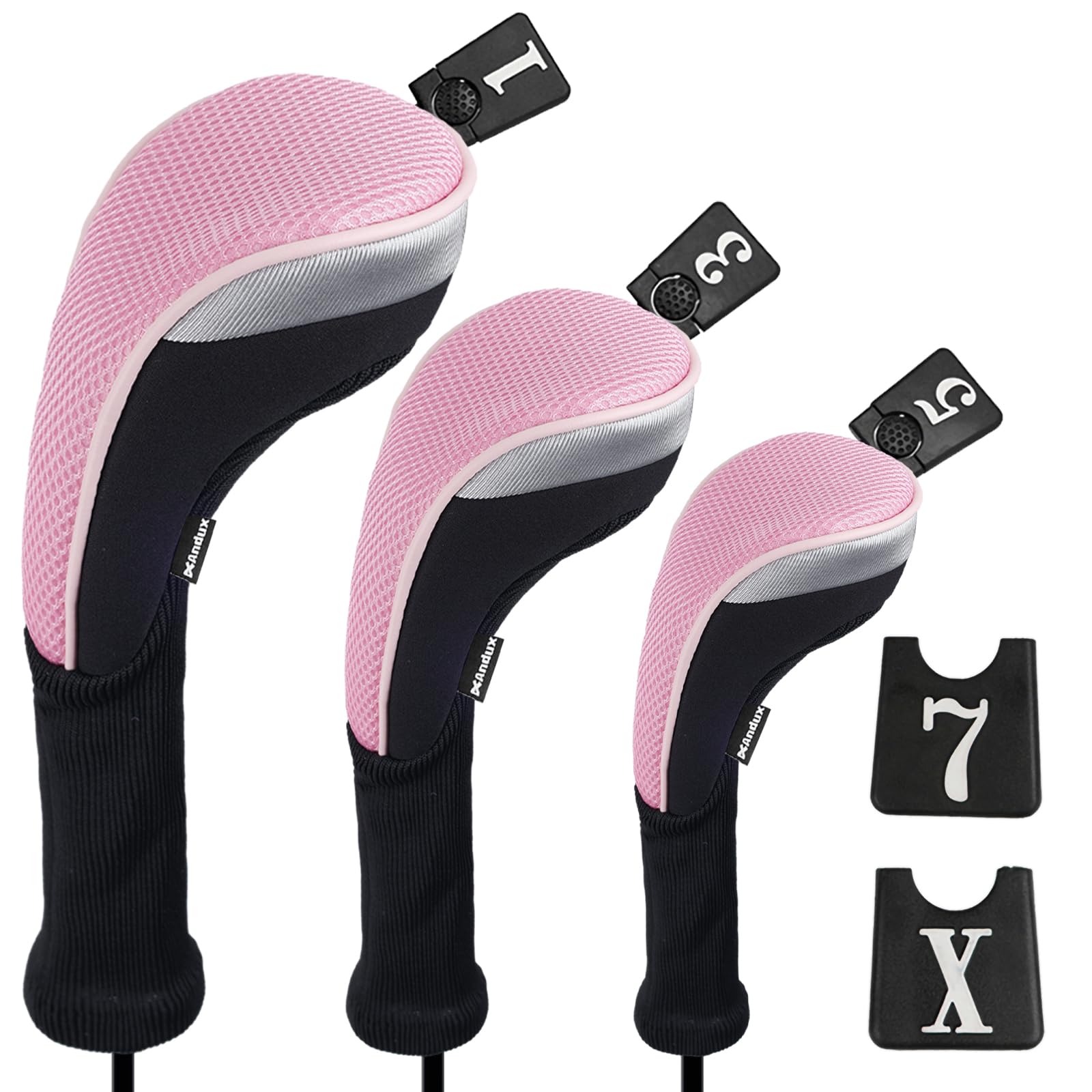 Andux 3pcs/Set Golf 460cc Driver Fairway Wood Club Head Covers Long Neck Black/Pink