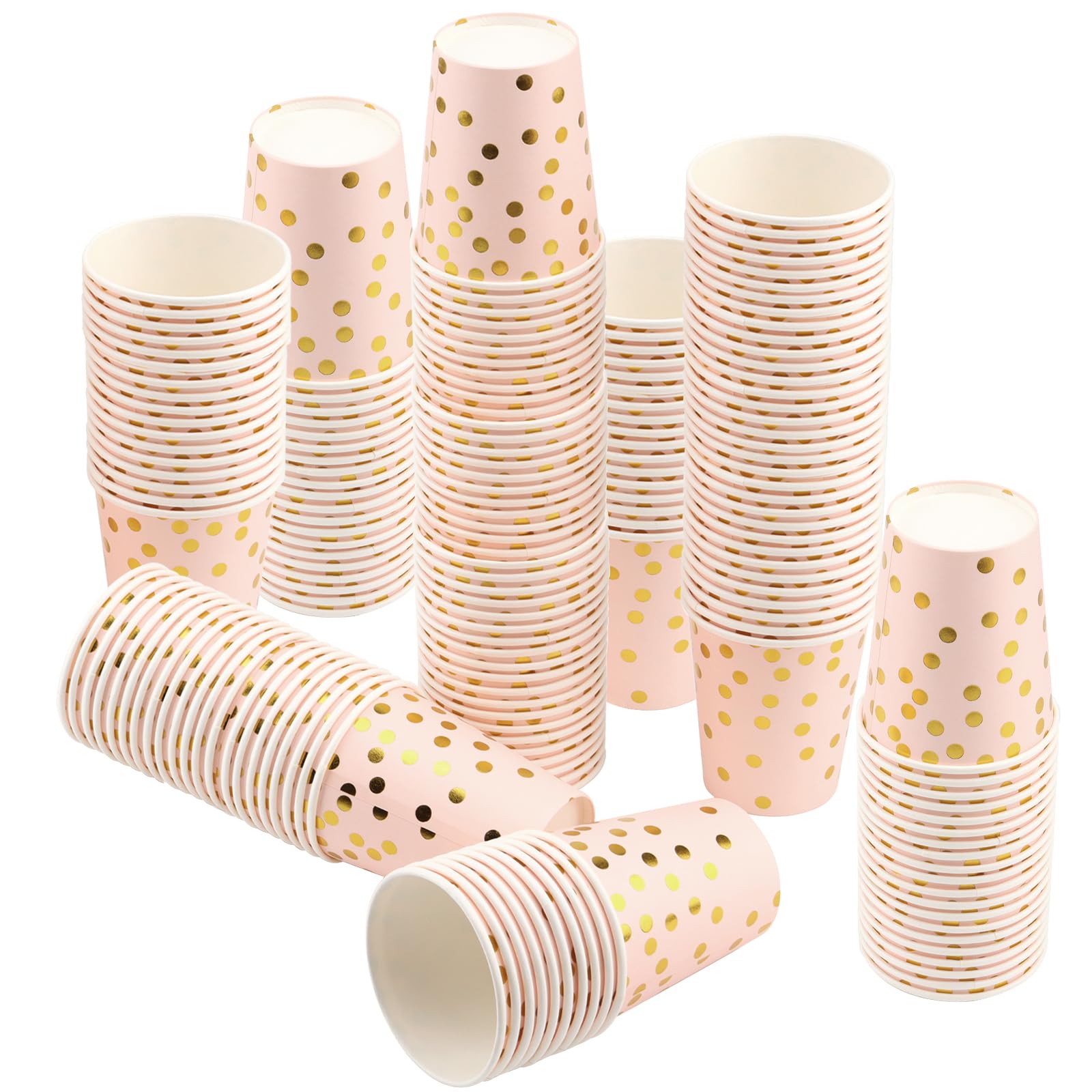 DAKFOOK 200 Pcs Pink Gold Party Paper Cups, 9oz /250ml Disposable Polka Dot Paper Cups, Hot Drinks and Cold Drinks Cup for Birthdays, Wedding, Picnics