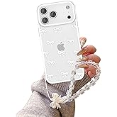 EYZUTAK Case for iPhone 17 Pro Max, Clear Cute Ribbon Bowknot Aesthetic Phone Case with Charm Bracelet Chain Raised Camera Protection Stylish Soft Durable TPU Protective Cover for Women Girls - White