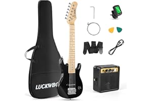 LUCKWBQ 30 Inch Kids Electric Guitar Beginner Kits ST Style Mini Electric Guitar for Boys Girls，Electric guitar Starter Kit w/ 5W Amplifier, Strap, Gig Bag, Strings, tuner，strings，Picks (Black)