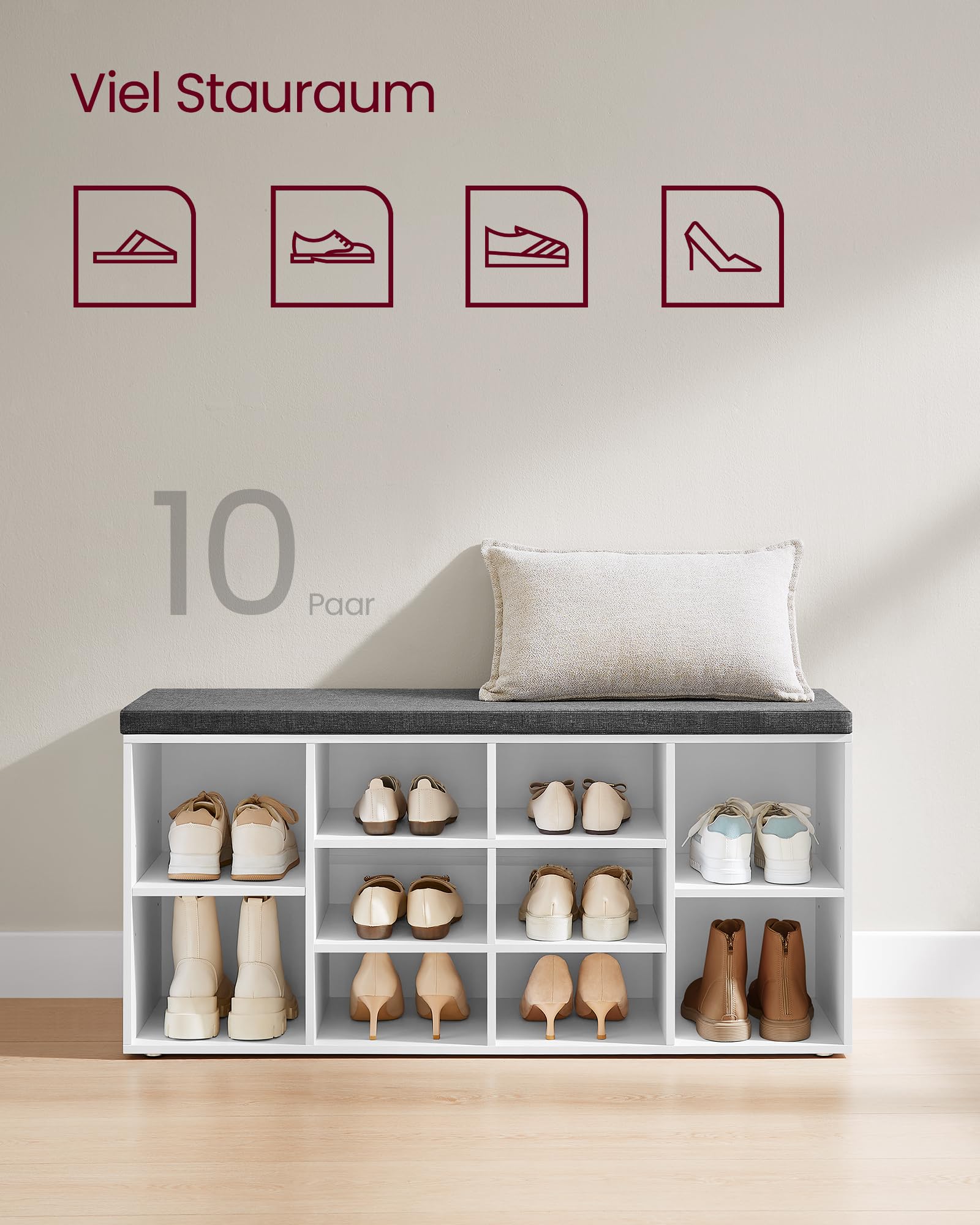 VASAGLE Schuhbank, Schuhregal mit Sitzfläche, Sitzbank mit Stauraum, gut gepolstert, Flurbank mit 10 Fächern, verstellbaren Ablagen, für Schlafzimmer, 30 x 104 x 48 cm, weiß-grau LHS10WT 5
