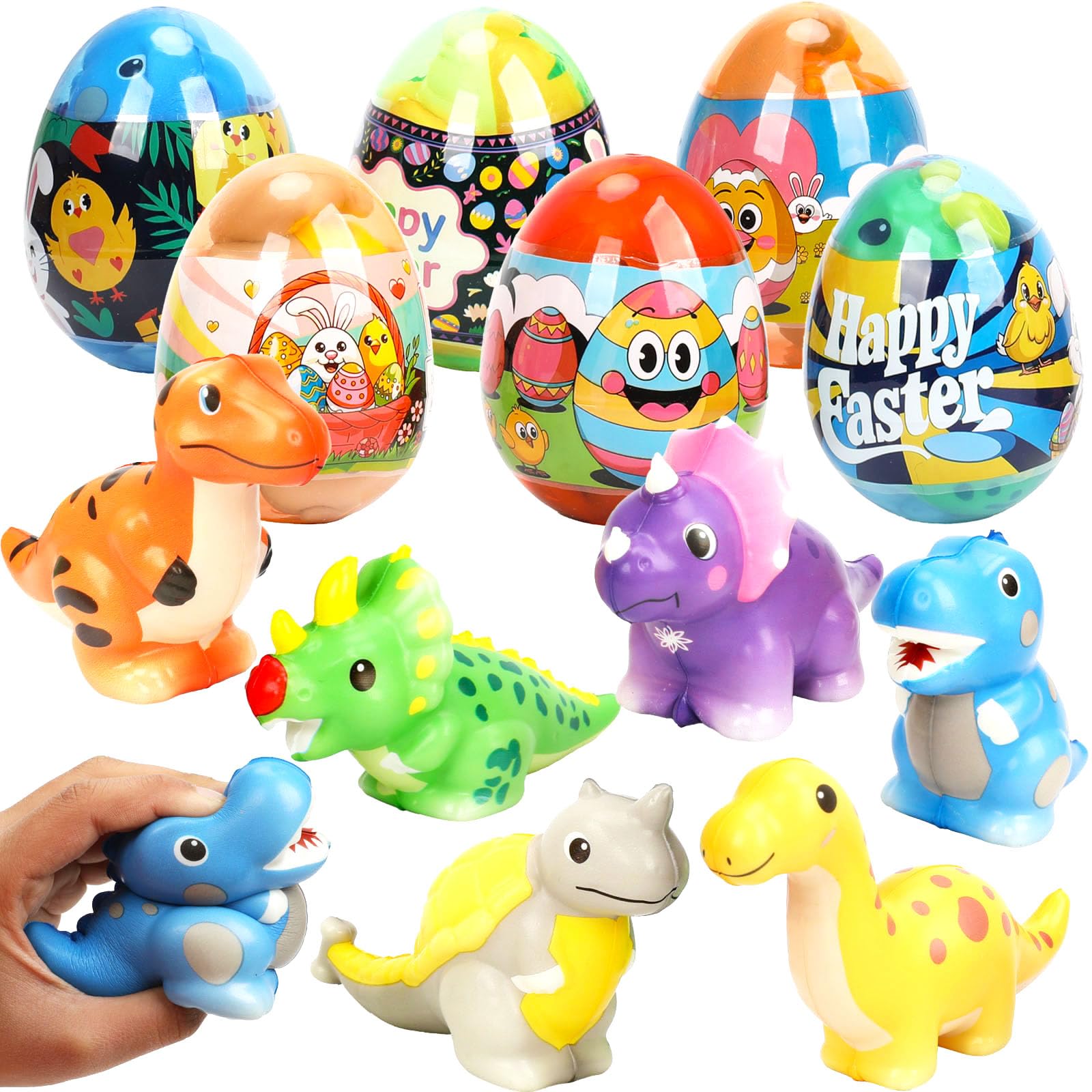 BEIGUO 6 Pack Jumbo Easter Eggs Filled with Dinosaur Slow Rising Squeeze Toys for Kids Boys Girls,Easter Basket Stuffers,Party Favors,Egg Hunts