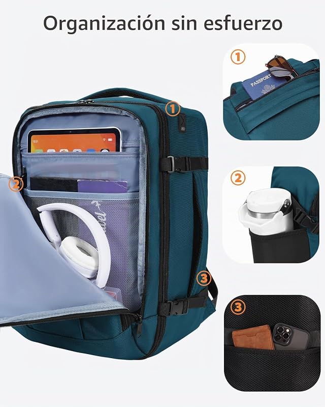 Mochila de 30L 45x36x20 Easyjet, mochila de viagem com avião de cabine com 13 bolísillos, mochila debaixo do assento, mala de viagem reciclada por PET para homens e mulheres, patenteada (azul, verde)