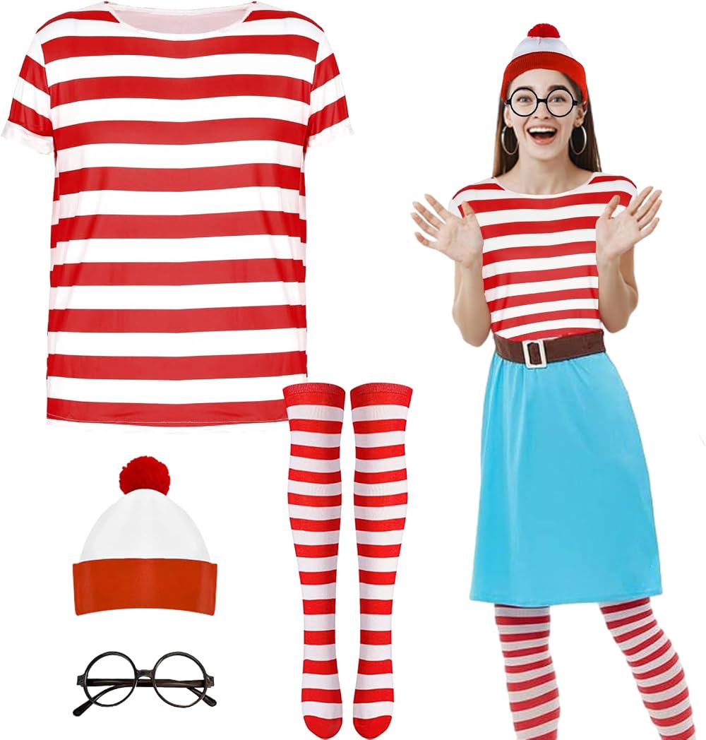Beamely Wally Costume Red White Striped T-Shirt Hat Glasses Socks Adult Fancy