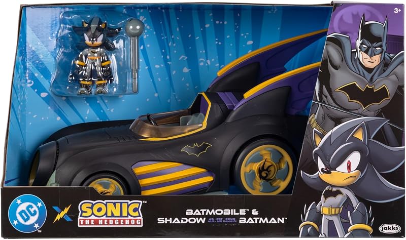 DC x Sonic – Shadow como Batman con Batimóvil con Funciones 6 cm, Set de Figura de acción, Licencia Oficial Jakks Pacific, Vehículo Interactivo con proyectil lanzable y turbina giratoria