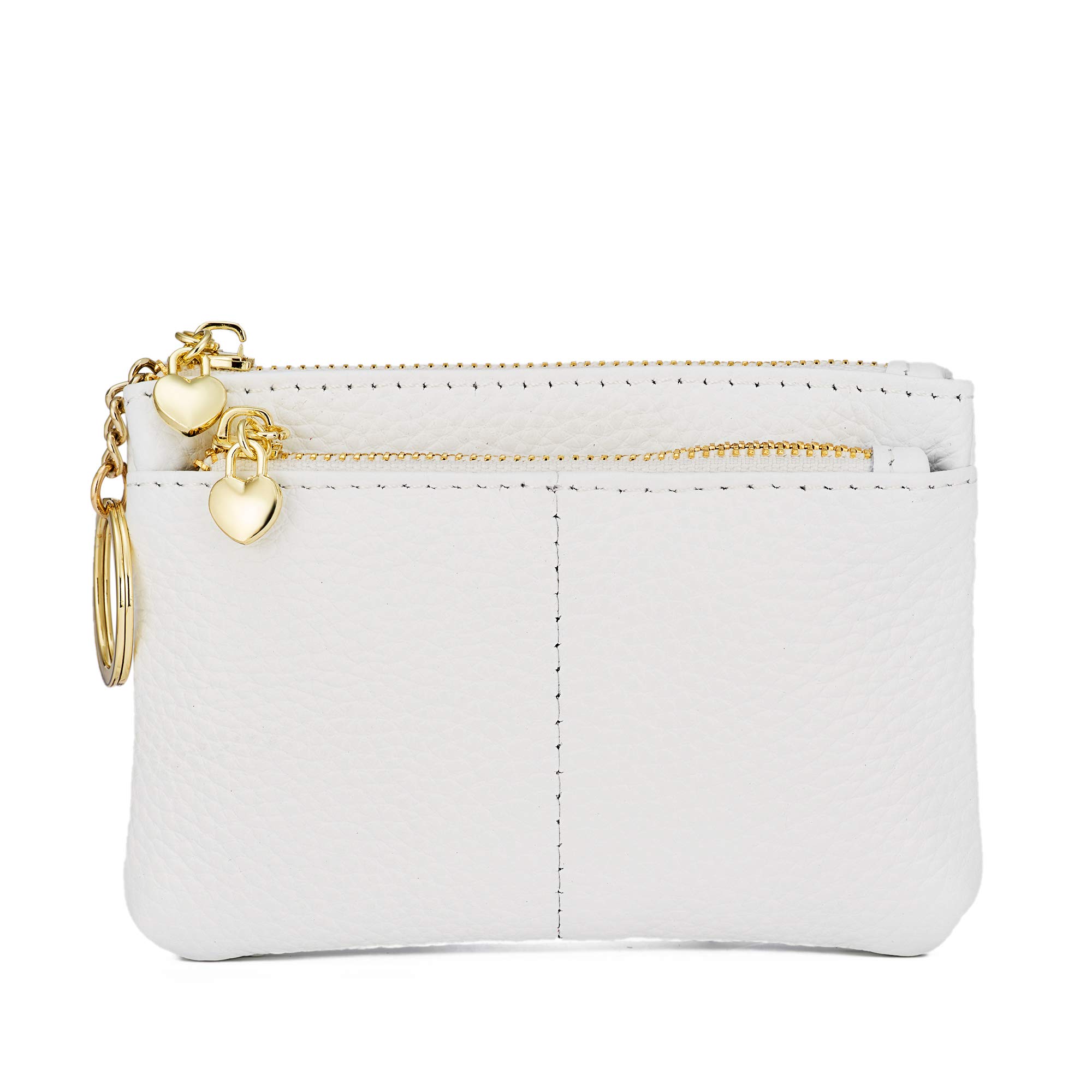 Women Genuine Leather Zip Mini Coin Purse with Key Ring Triple Zipper Card Holder Wallet (White)