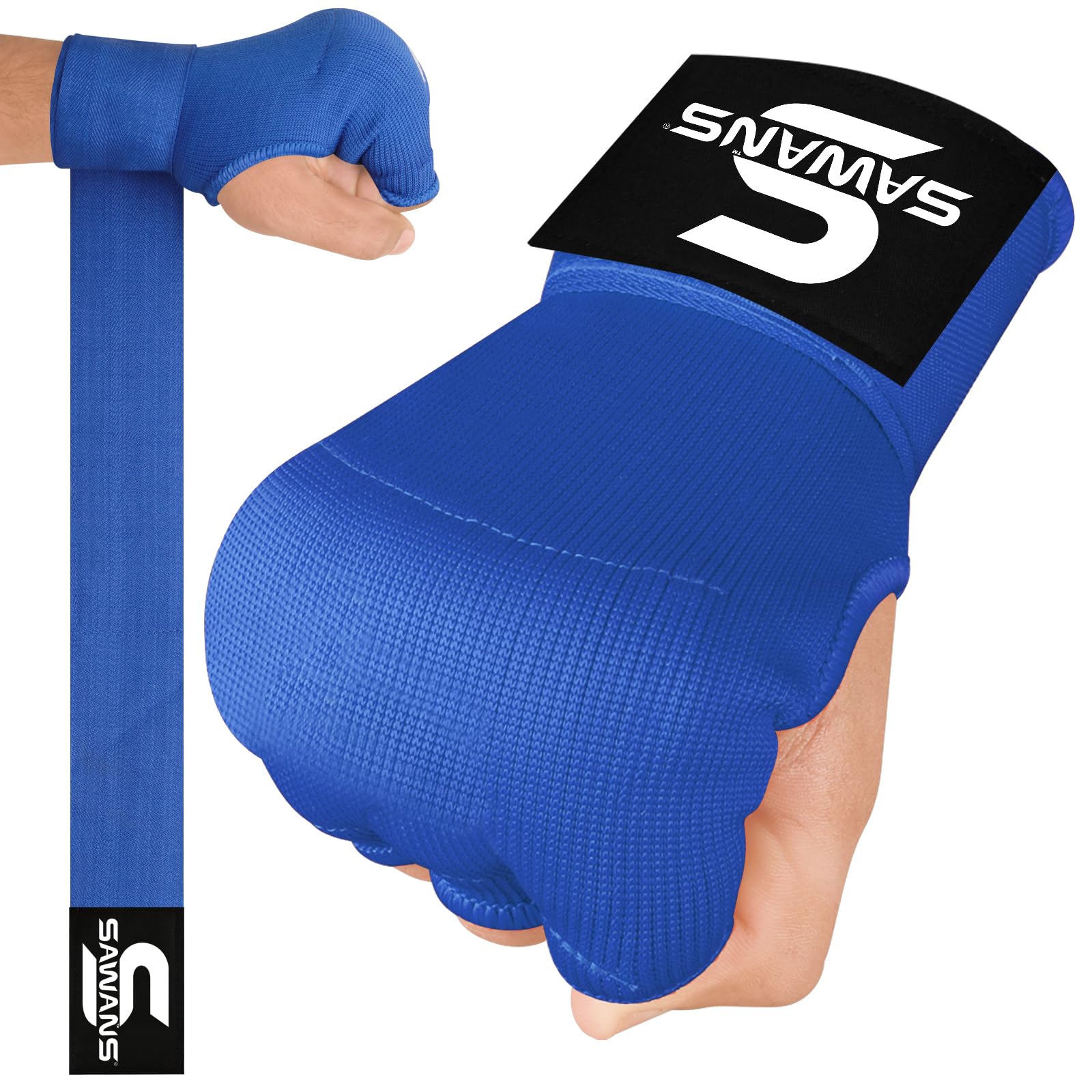 SAWANS Boxing Hand Wraps Inner Gloves for Hand Protection Long Wrist Straps Elasticated, Padded Martial Arts Combat Gloves Punching Bag Training Gel Mitts Muay Thai MMA (Kids/Junior, Blue)